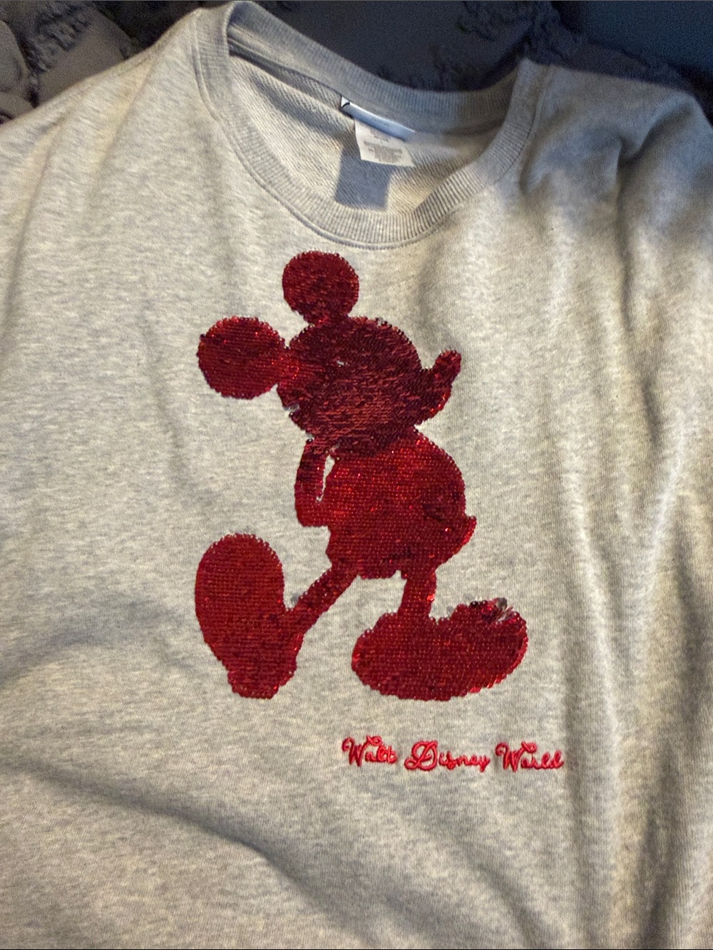 Women’s Gray Sweatshirt with Red/Silver Sequin Mickey Silhouette